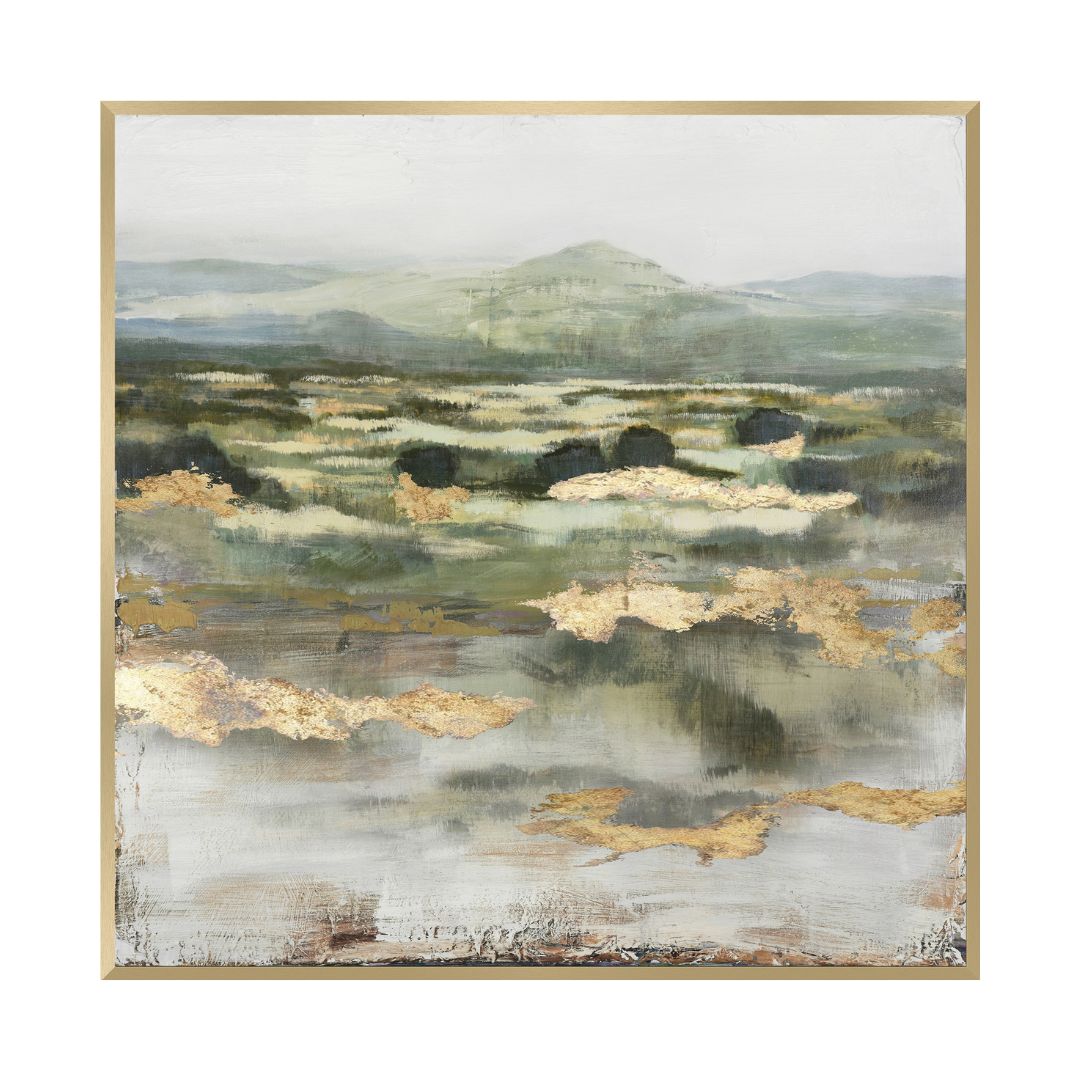 The Drapery Haus Cork - Wall Art from Scatterbox titled 'Bosky' - Hand painted natural landscape scene withe greens, golds and metallic flake.