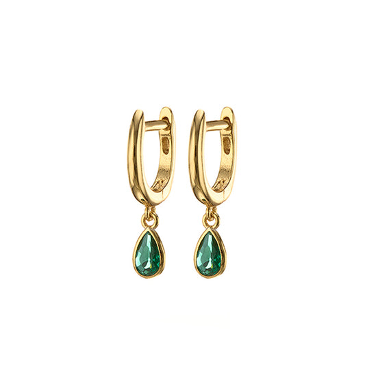 MK - Gold Oval Huggie Earrings + Green Droplet
