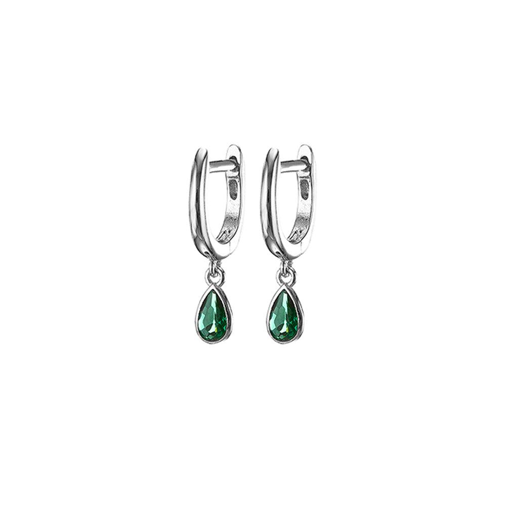 MK - Silver Oval Huggie Earrings + Green Droplet