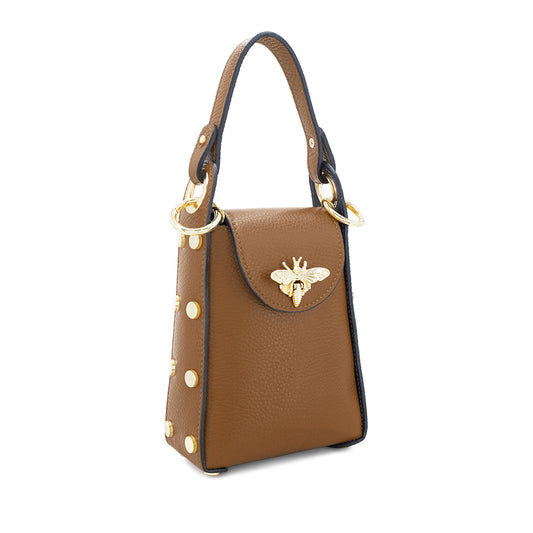 Leather Bee Bag with Studs - Dark Tan