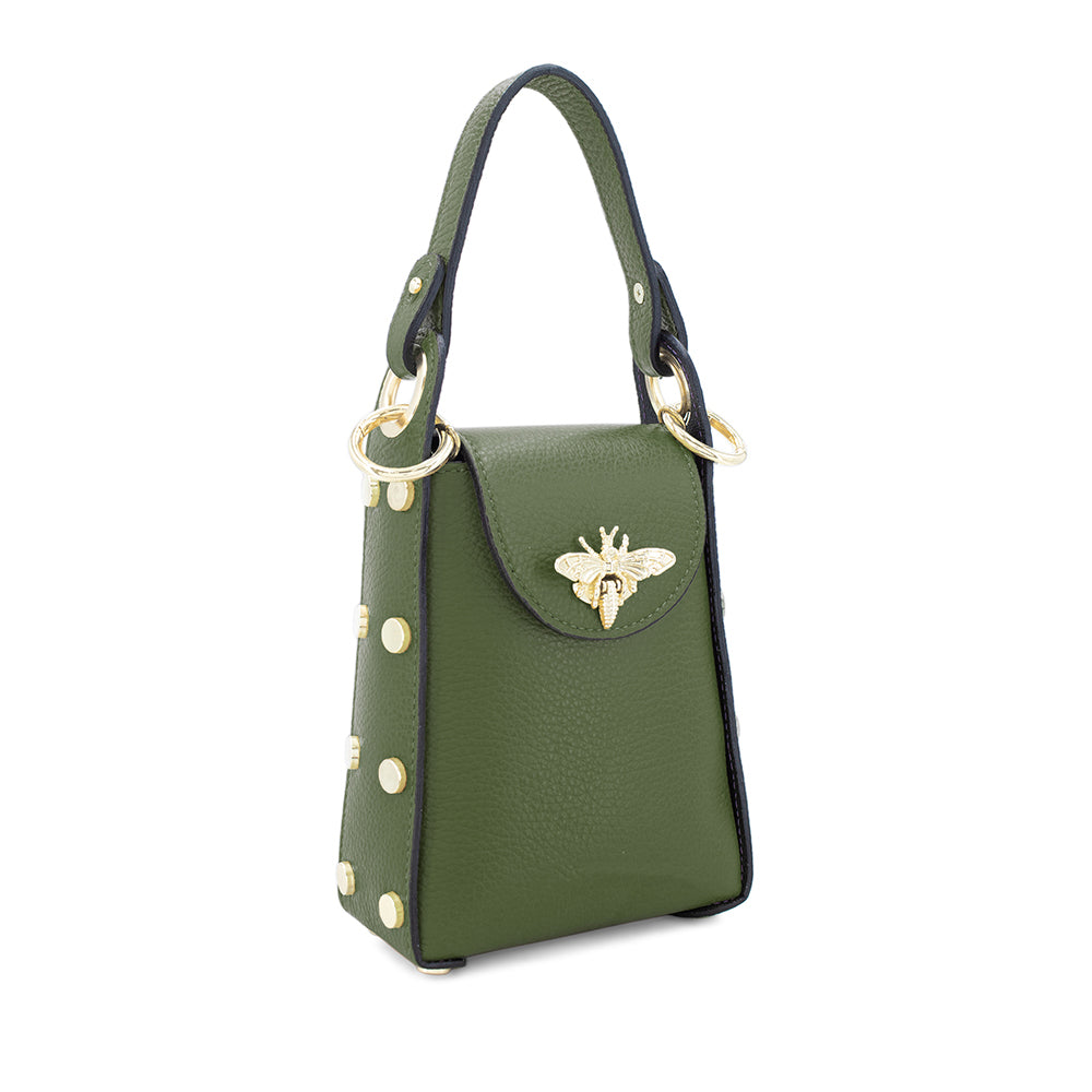 Leather Bee Bag with Studs - Olive Green