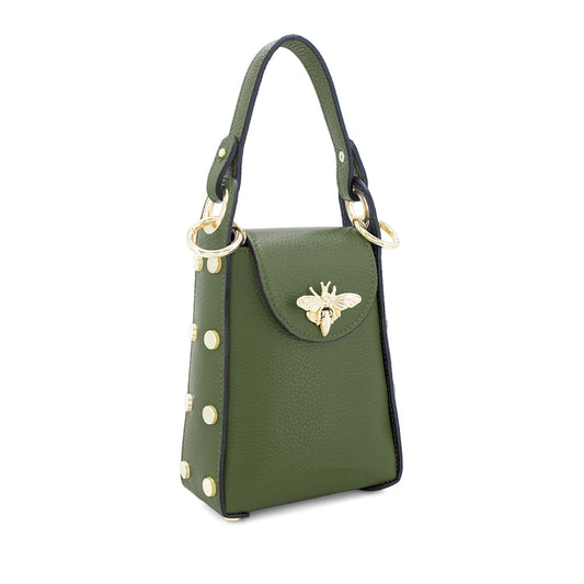 Leather Bee Bag with Studs - Olive Green