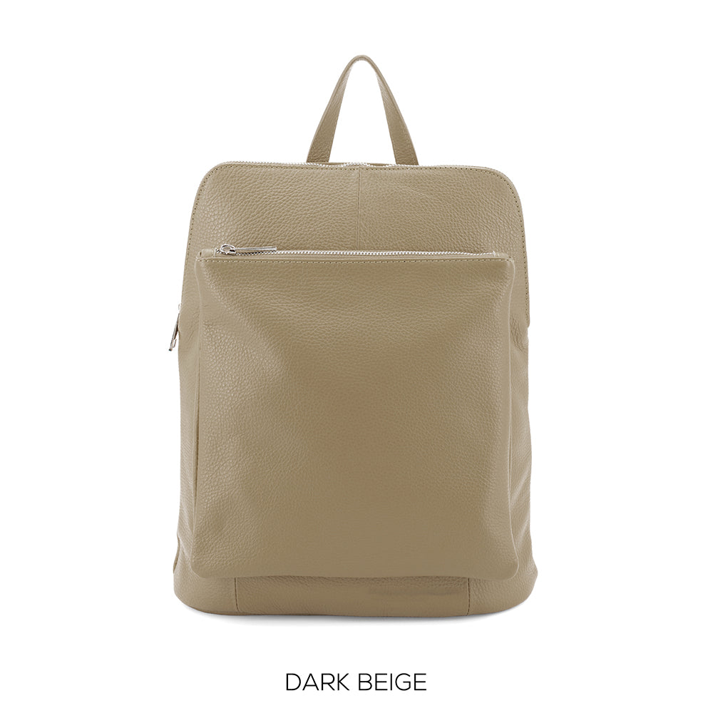 Leather Square Pocket Convertible Large Backpack - Dark Beige