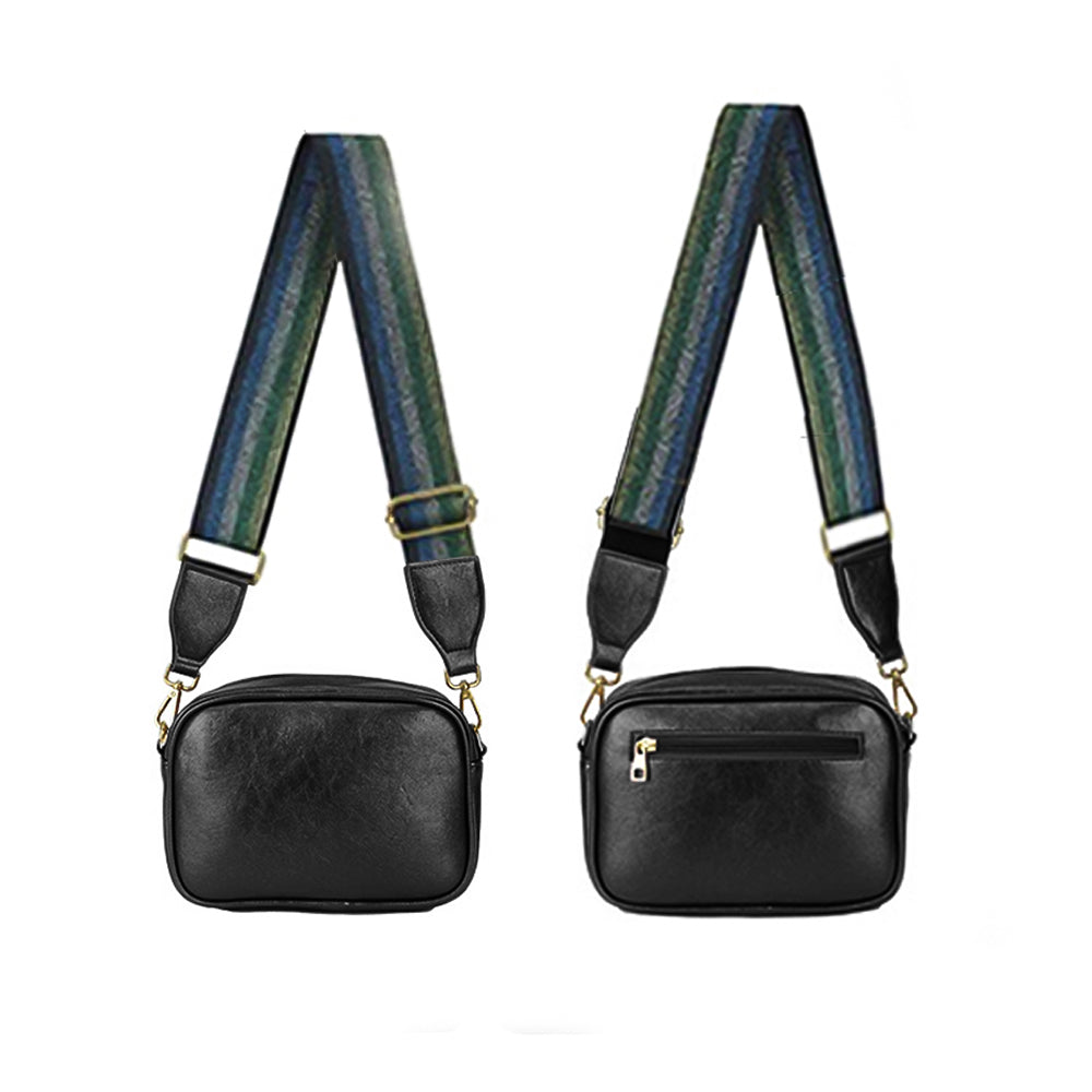 Sparkly Camera Crossbody Black Bag with Colourful Strap