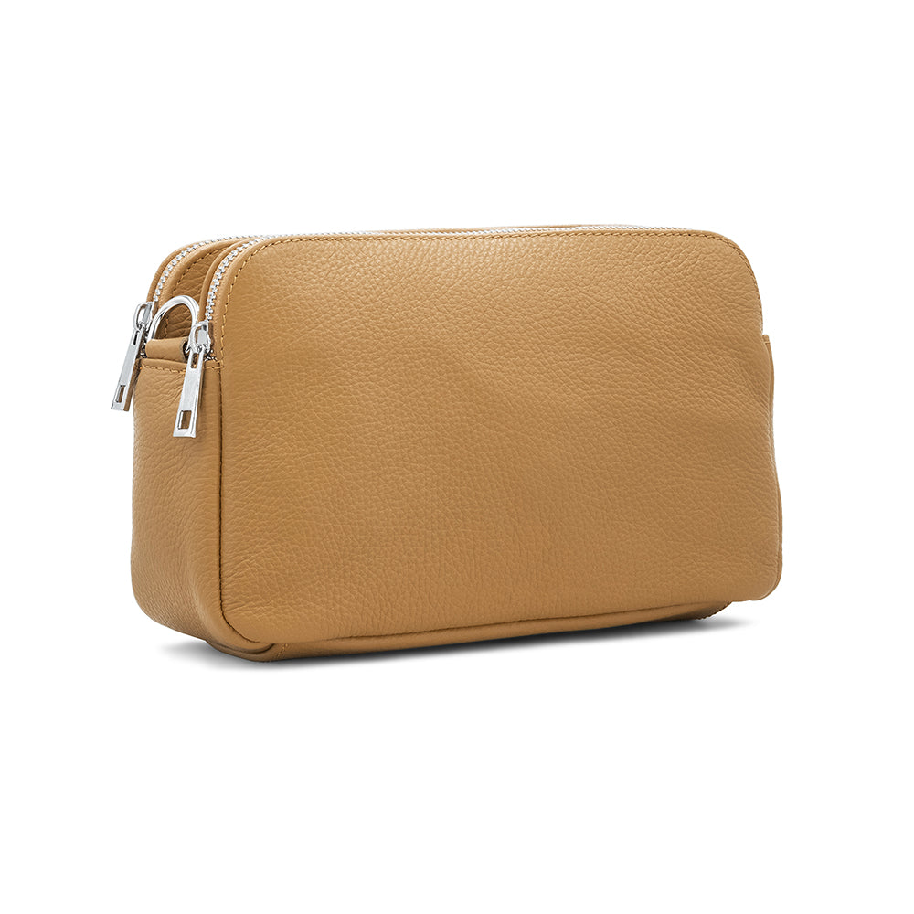 Leather Triple Compartment Crossbody Bag - Tan