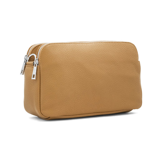 Leather Triple Compartment Crossbody Bag - Tan
