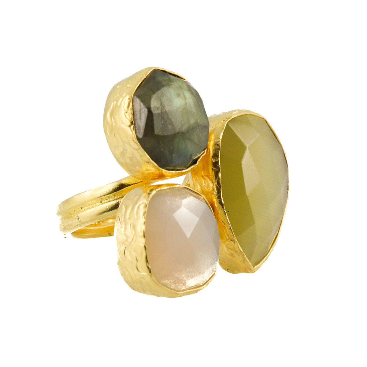 The Drapery Haus - Jewellery - Ring made from brass, goldplated, yellow Cateye, Chalcedony, Labradorite