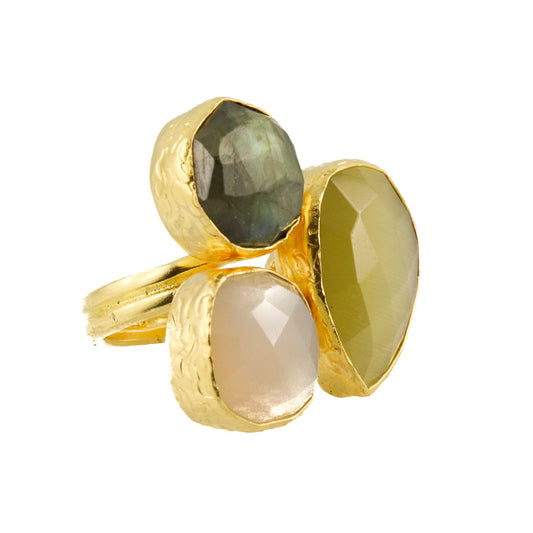 The Drapery Haus - Jewellery - Ring made from brass, goldplated, yellow Cateye, Chalcedony, Labradorite