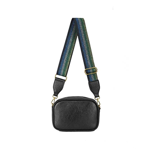 Sparkly Camera Crossbody Black Bag with Colourful Strap