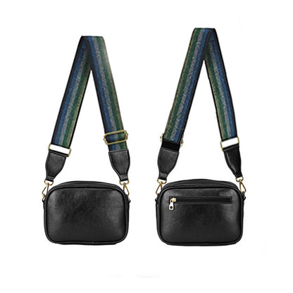 Sparkly Camera Crossbody Black Bag with Colourful Strap