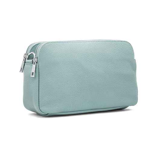 Leather Triple Compartment Crossbody Bag - Pale Blue